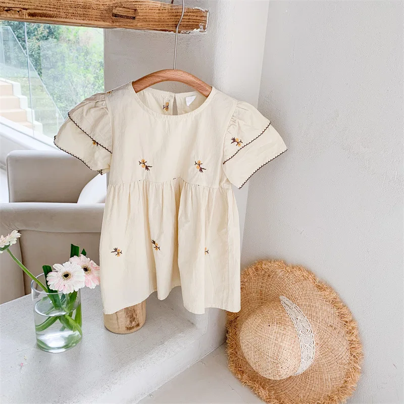 

New Girls Dresses 2022 Summer Baby Girls Embroidered Flower Princess Dress Children's Clothing Korean Kids Puff Sleeve Dresses