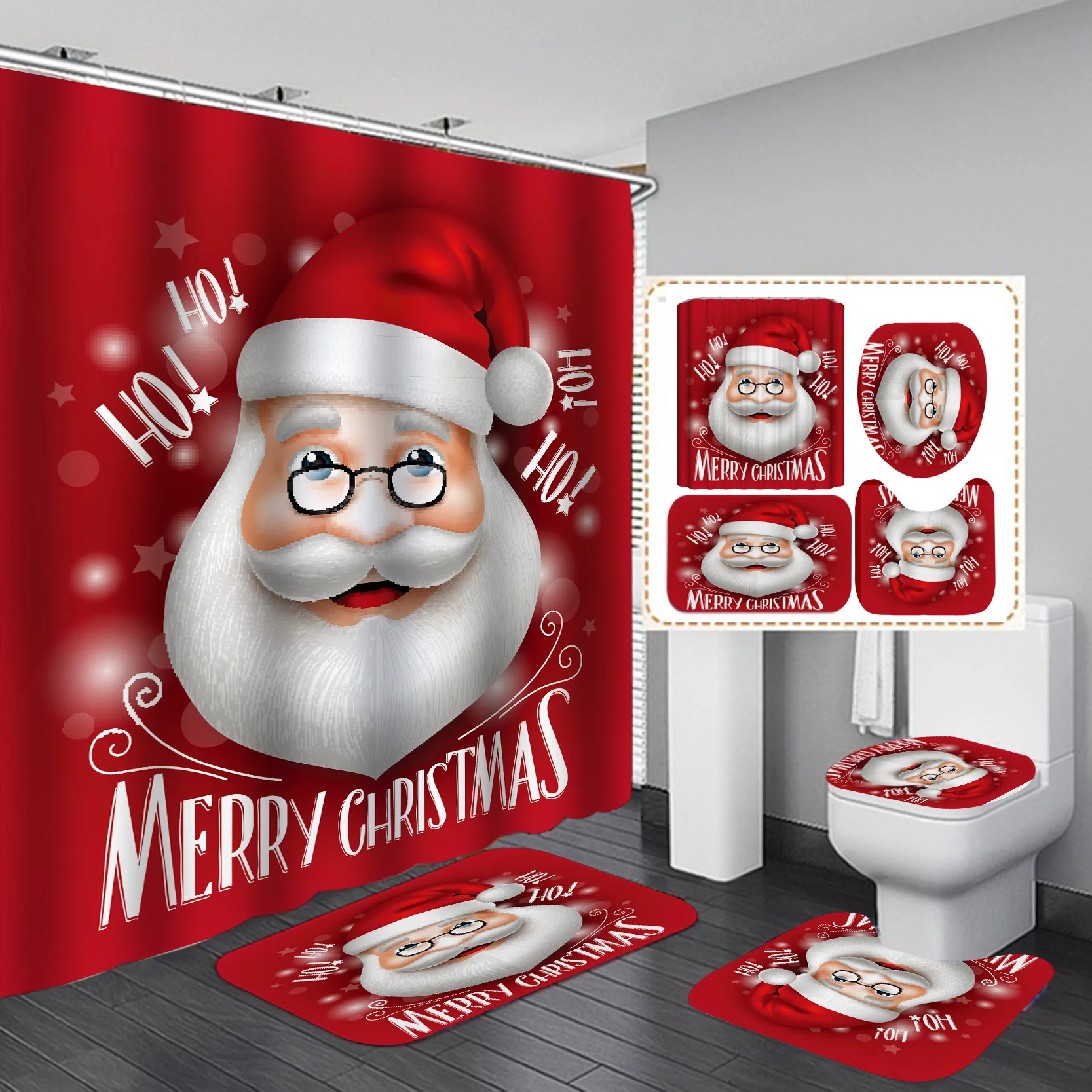 

Merry Christmas Tree Bathroom Set Shower Curtain Waterproof Santa Claus Anti-skid Rugs Toilet Cover Bath Curtains with Hooks