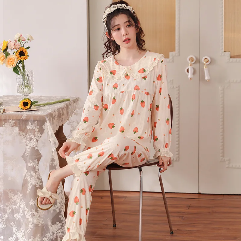

Весенняя Осенняя модная женская Повседневная кружевная Пижама Yasuk с принтом, домашняя одежда, Милая Пижама с брюками, мягкая Клубничная