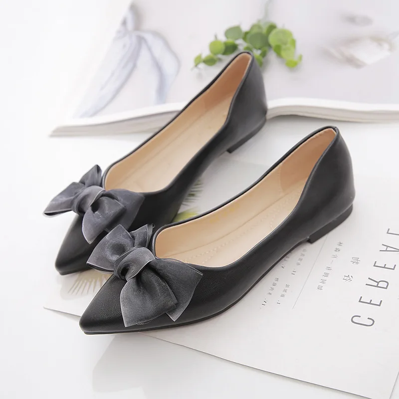 Women Flats with Bow Black Shoes for Ladies Dressy Comfort Nude Shoes Spring Summer Size35-40 Slipons Bowknot