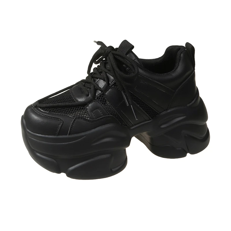 Women Chunky Leather Sneakers Platform Ulzzang Sports Shoes Summer Thick Bottom Women's Breathable Mesh Wedges Casual Shoes 7CM