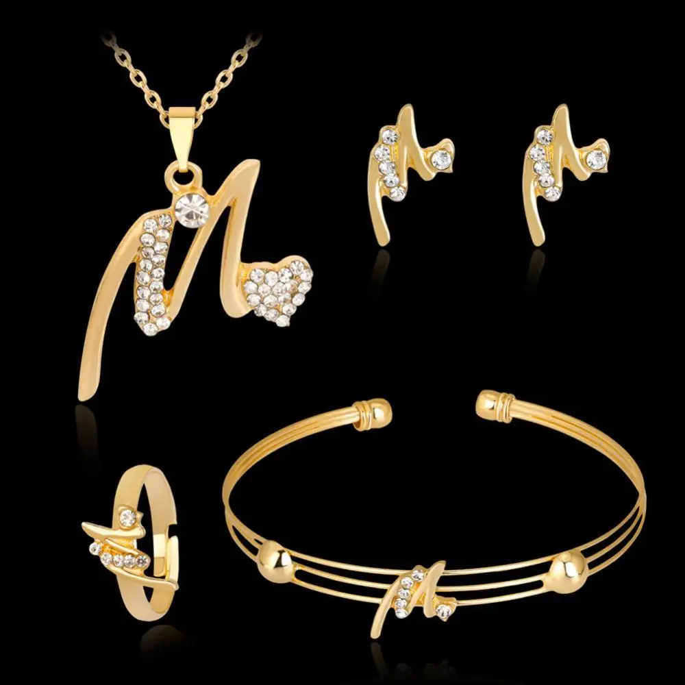 

Jewelry Sets KC Gold Plated Rhinestone Heart M Letter Pendant Necklace Ring Bangle Earrings