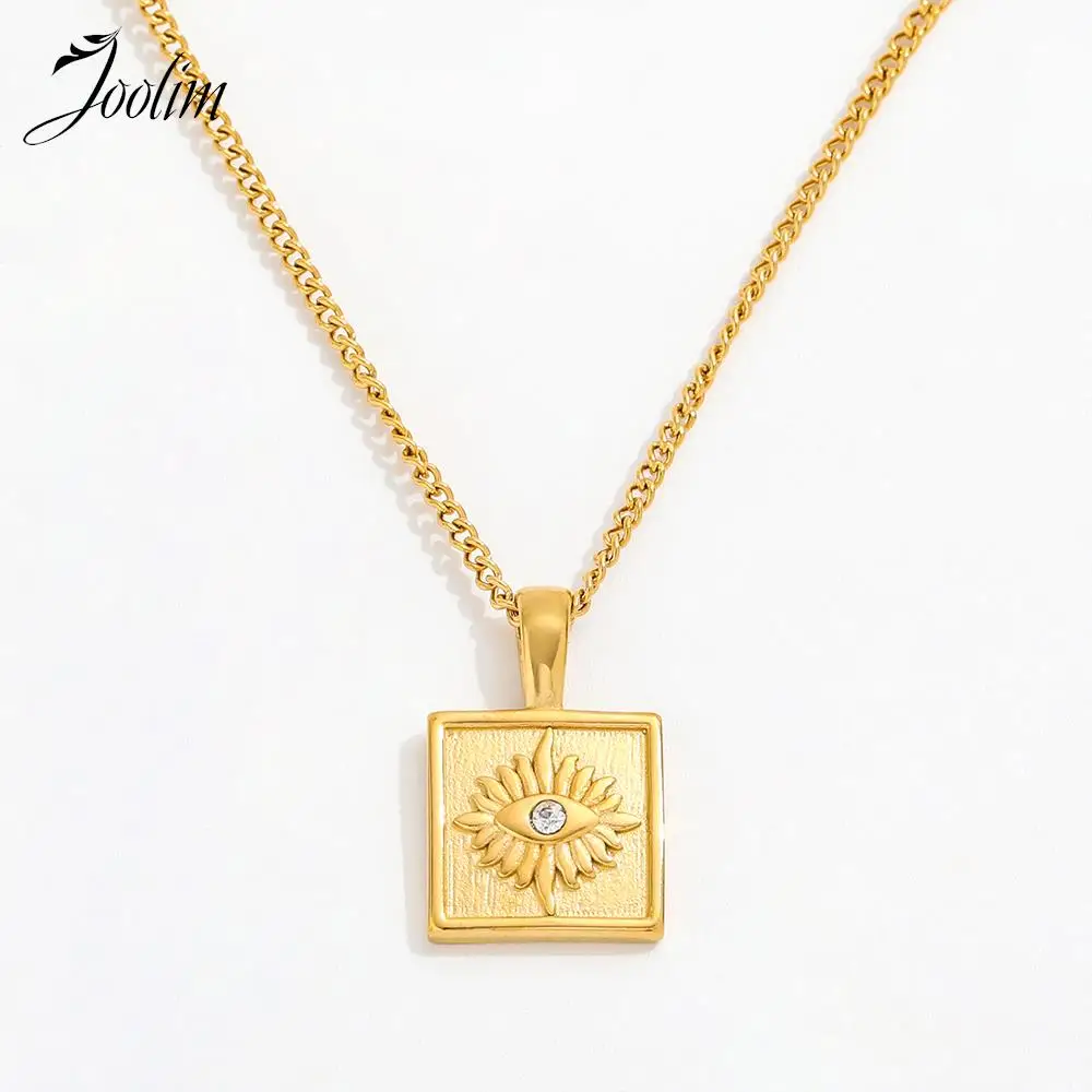 

Joolim Jewelry High End PVD Wholesale Waterproof Geometric Square Eye Shaped Zirconia Pendant Stainless Steel Necklace for Women