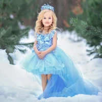 custom sky blue flower girl dress baby girl party dresses 3d flowers feathers little girl first birthday gown
