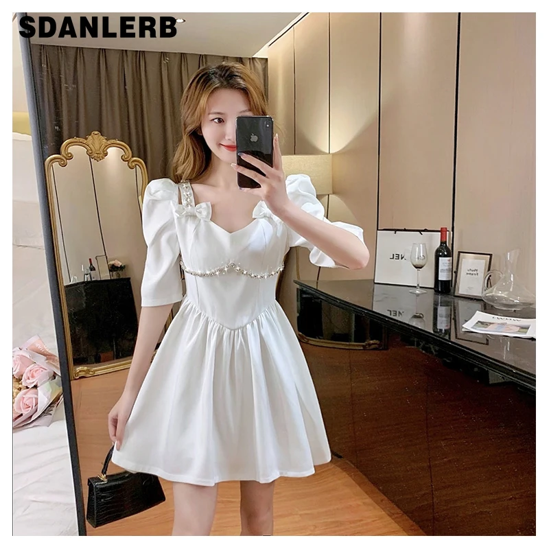 

Heavy Industry Beads Mid-length Dress for Women 2022 New French Style Retro Elegant Short Summer Bow Short Sleeve Dress