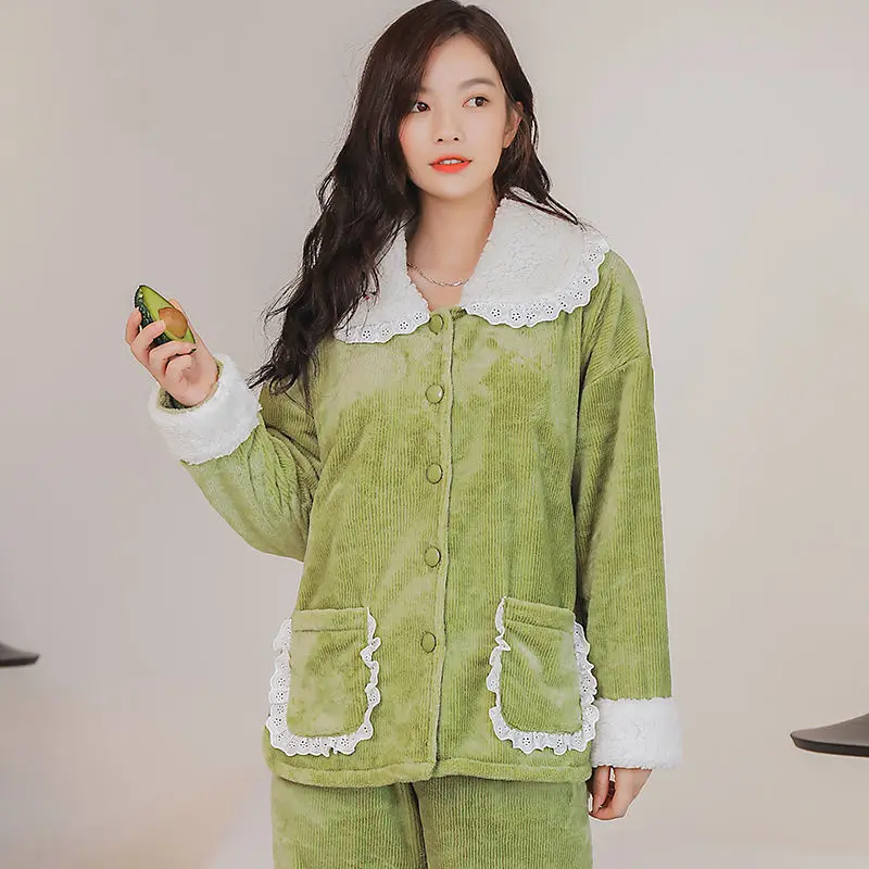 QWEEK Winter Women's Pajamas Solid Color Flannel Long Sleeve Trousers Pajamas Two Piece Sets Home Clothes Pijamas Pyjamas Cute