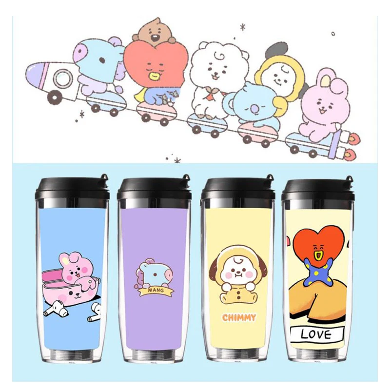 

17CM BT21 Kawaii Surroundings Baby Series Biscuit Rabbit Aries Cartoon Cute Straw Cup Double-Layer Insulated Accompanying Cup