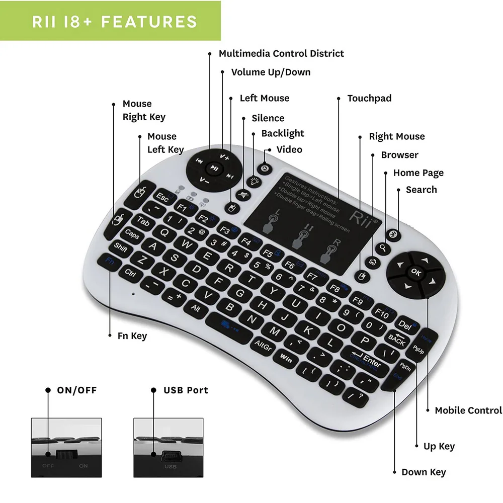 Мини Bluetooth-клавиатура Rii с тачпадом подсветкой портативная i8 + беспроводная