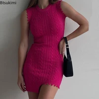 women knitted dress pink summer tassel twist mini dress woman sexy sleeveless irregular tight dress female vocation clothes 2022