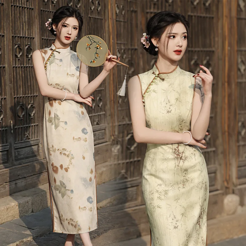 Женское Двуслойное платье-Ципао без рукавов Элегантное Длинное Платье в стиле