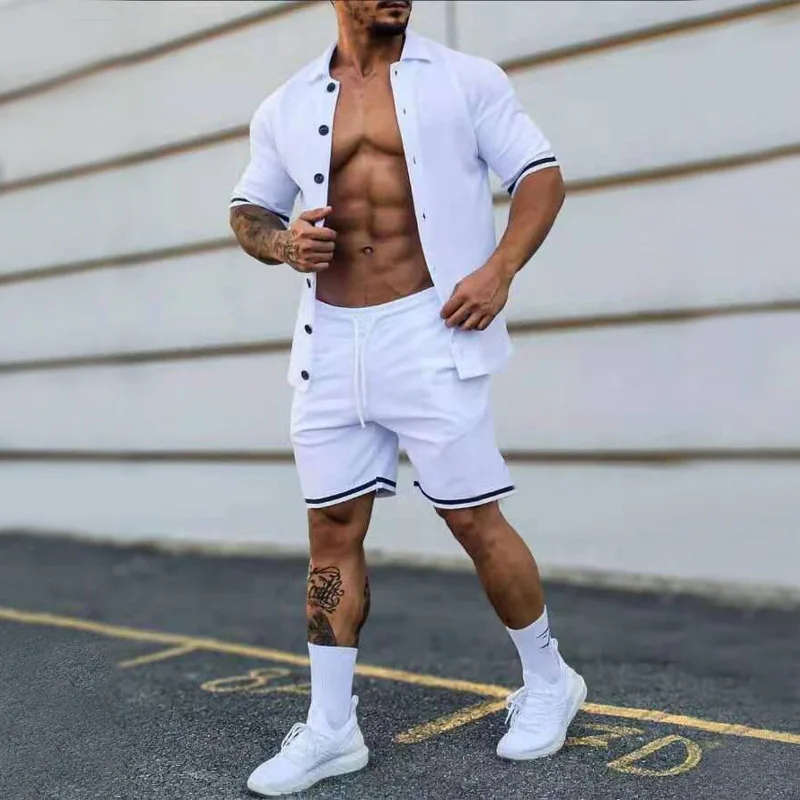 

Men's Summer New Solid Color Lapel Button Up Short Sleeved Shorts Leisure Cardigan Sports Casual Suit Men's Trend Sports Set