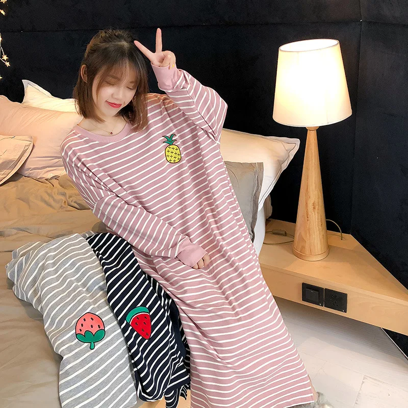 2023 Women Sleepwear Summer Clothing Night Dress Cute Long Sleeve Loose Striped Embroidery Cartoon Sleepshirts Pajamas
