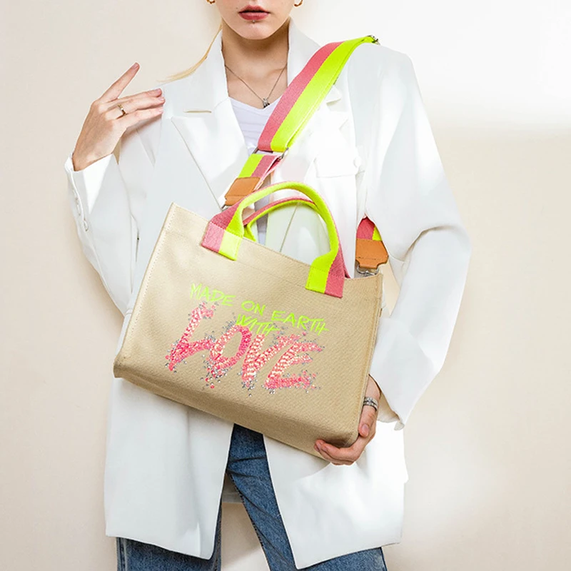 

Sequin Letters Canvas Large Tote Bag Casual Women Handbags Designer Brand Shoulder Crossbody Bags Ladies Big Shopper Bags 2022