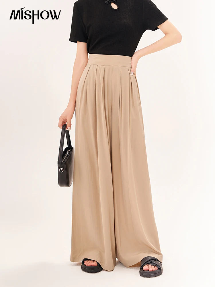 MISHOW Pleated Pants for Women Summer 2023 Elastic Waist Thin Straight Solid Casual Loose Wide Leg Full Length Pants MXC39K0106