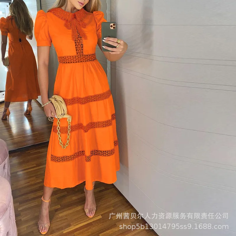 

Women Dress Lace Stitching Lace Bubble Sleeve Lace Fashion Hollow Lapel Short Sleeve Long High Waist Temperament Orange Dress