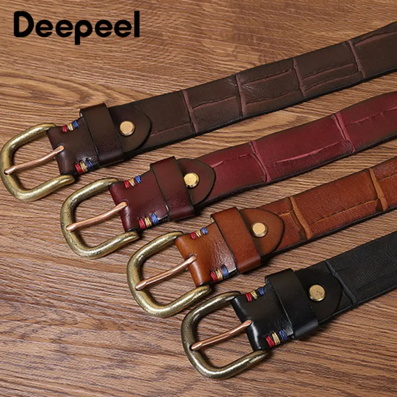 Deepeel 105-125cm Fashion Genuine Leather Men's Wide Belt Retro Brass Pin Buckle Thick Waistband DIY Handmade Scar Punk Belts