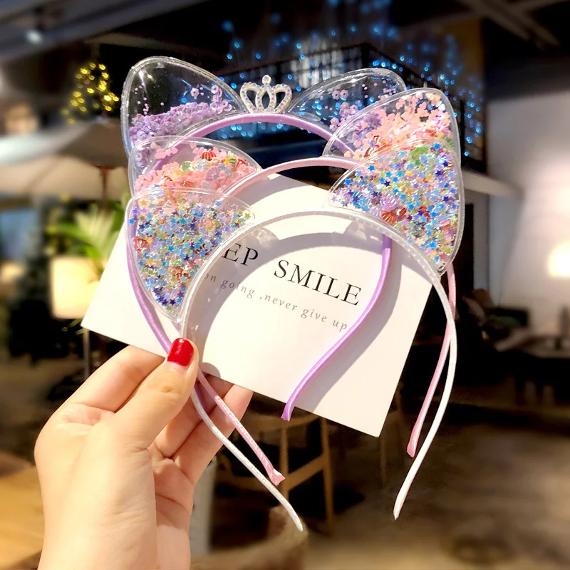 Korean Transparent Quicksand Diamonds Crown Cat Ear Hairband For Girl Kids Super Cute Kawaii Color Headband Fashion Accessories