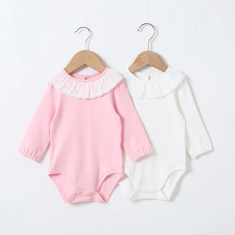 

Baby Girl Lace Ruffle Collared Bodysuit Lapel Blouse Solid White Onesies Long Sleeve Shirt Cotton Jumpsuit Baptism Romper Outfit