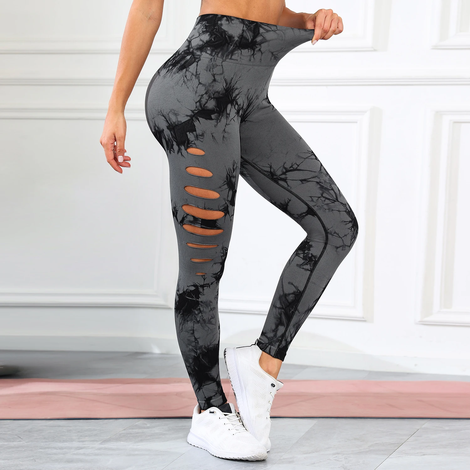 CHRLEISURE Полые Брюки Для Йоги С Высокой Талией Женщин Рваные Колготки Фитнеса