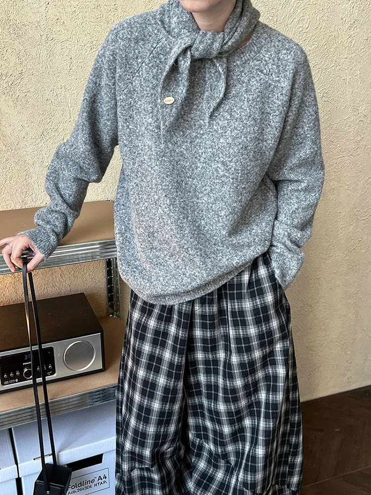 Серый элегантный вязаный свитер большого размера водолазка с длинным рукавом