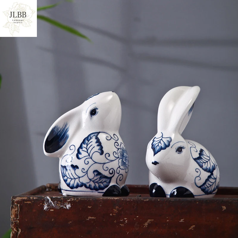 

Декоративная сине-белая фарфоровая статуэтка кролика, треснувшая керамическая статуэтка животного, коллекционные предметы ручной работы, ...