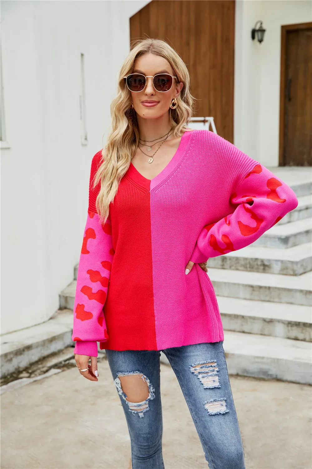 

Women Casual Contrasting colors Knitted Sweater Long Sleeve Sexy V neck High Street Warm Pullovers 2022 Autumn New Fashion Tops
