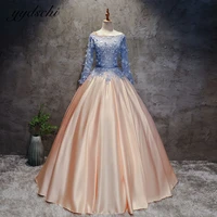 blue princess a line o neck satin prom dresses 2022 elegan appliques beading ball gown for women formal evening party dress