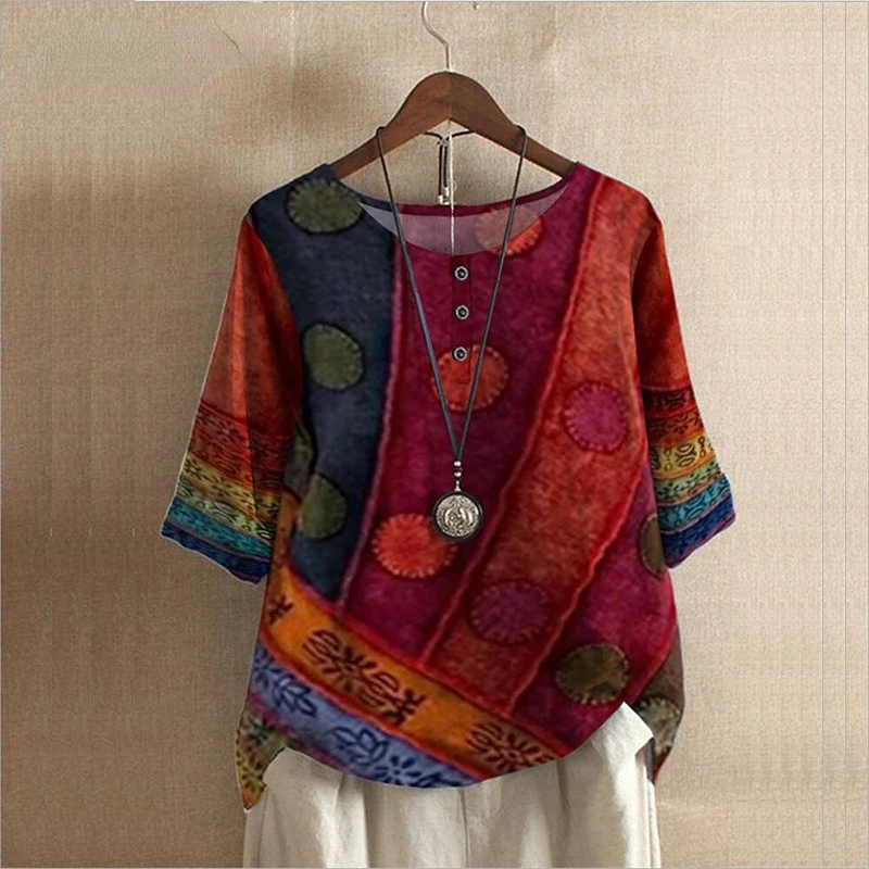 Summer Vintage printed short lseeve T-shirt women Oversized Loose Ethnic Style Pullover ladies Harajuku Casual Top Female Clothe