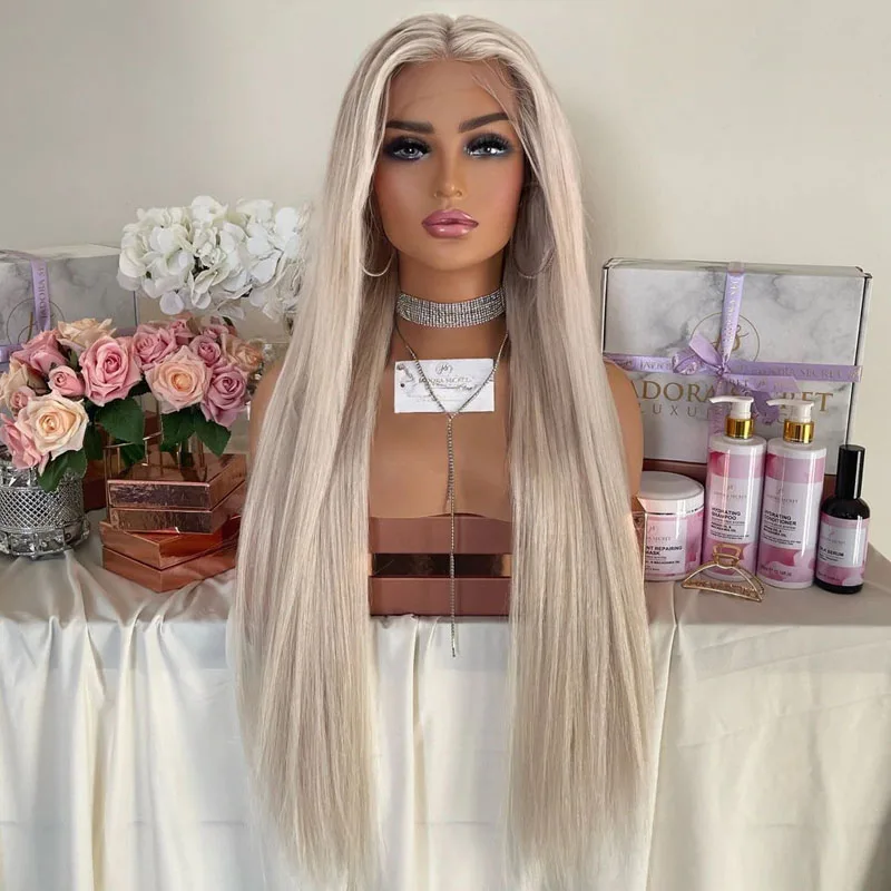 

Glueless Long Icy Platinum Blonde Synthetic Hair 13x4 Lace Front Wigs for White Women 26Inches Transparent Silky Straight Wigs