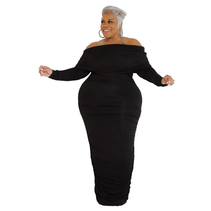 Plus Size Long Sleeve Dress Women Autumn Winter New Style Solid Color One-line Neck Fashion Sexy Large Fashion Women's Dress