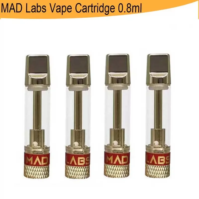 50pcs MAD LABS Vape Cartridges Gold Atomizer 0.8ml 510 Thread Ceramic Glass Thick Oil Dab Pen Wax Vaporizer Carts E Cigarette