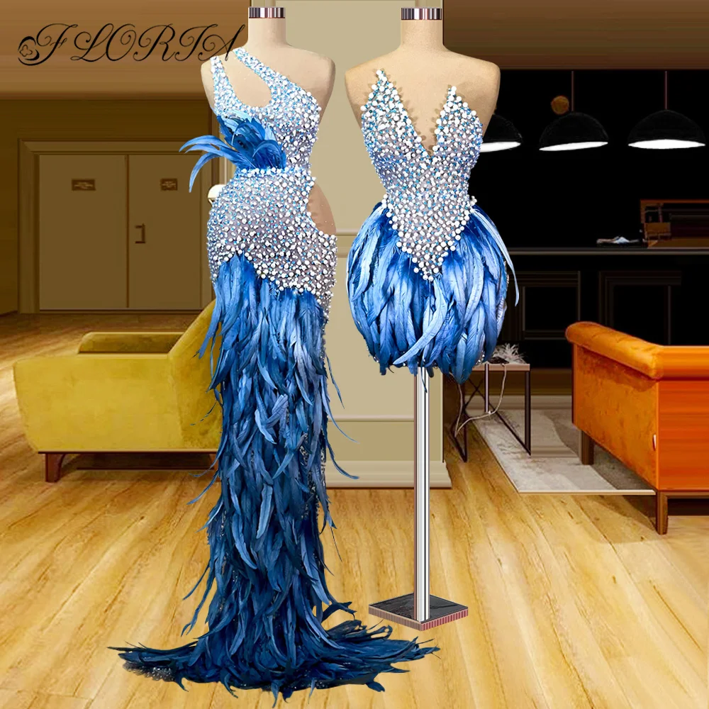 

Luxo Blue Feathers Pearl Mermaid Cocktail Dress Sleeveless Beads Prom Dresses 2022 Dubai Celebrity Party Gown Robe De Cocktail