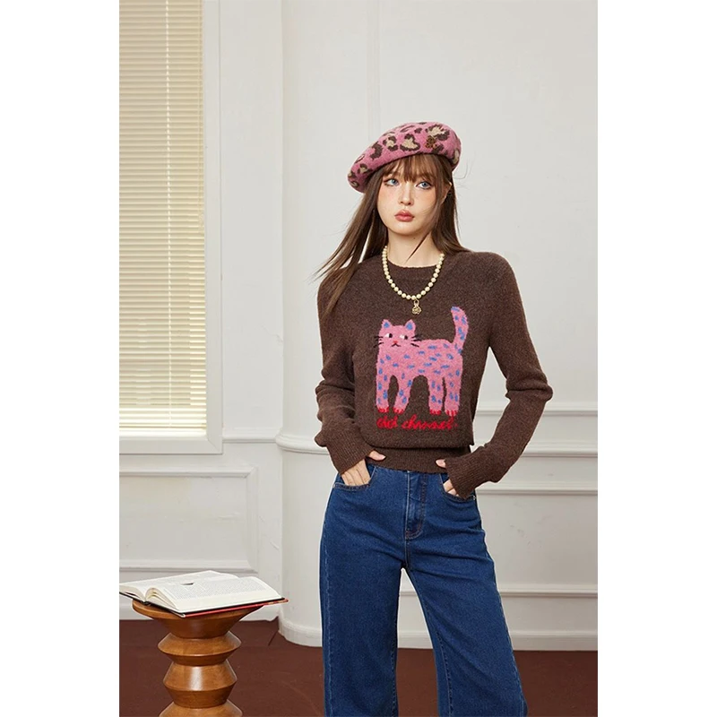 Y2K Cropped Sweater Women Harajuku Cartoon Cat Knitted Pullovers Winter Kawaii Print Long Sleeve Knitwear Korean Slim Jumpers