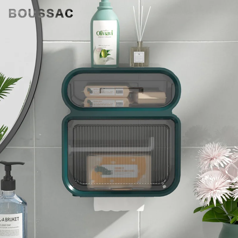 

PP Toilet Paper Roll Holder Punch-free Bathroom Storage Wall Shelf Bathroom Accessories Organization Draw Paper Dispenser