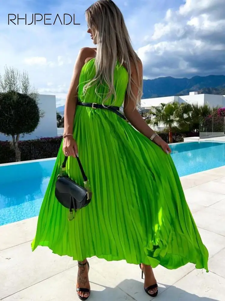 

Summer Chiffon Pleated Long Dress Women Sexy Halter Sleeveless Casual Boho Maxi Dress 2022 Ladies Elegant Beach Party Dresses