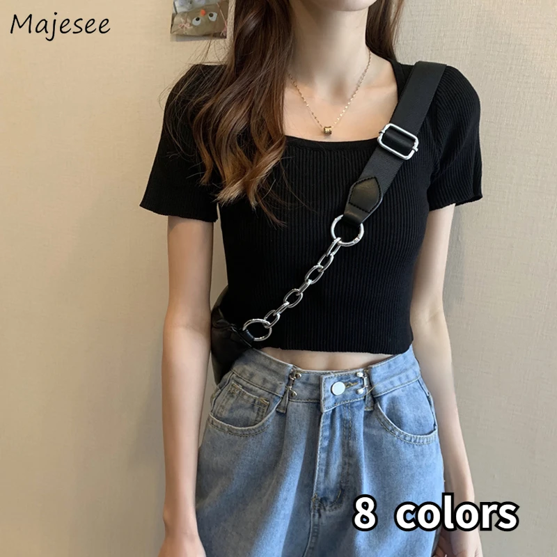 

Short Sleeve T-shirts Women Korean Style Fashion All-match Square Collar Crop Tops Summer Sweet Knitted Casual Simple Sexy Young