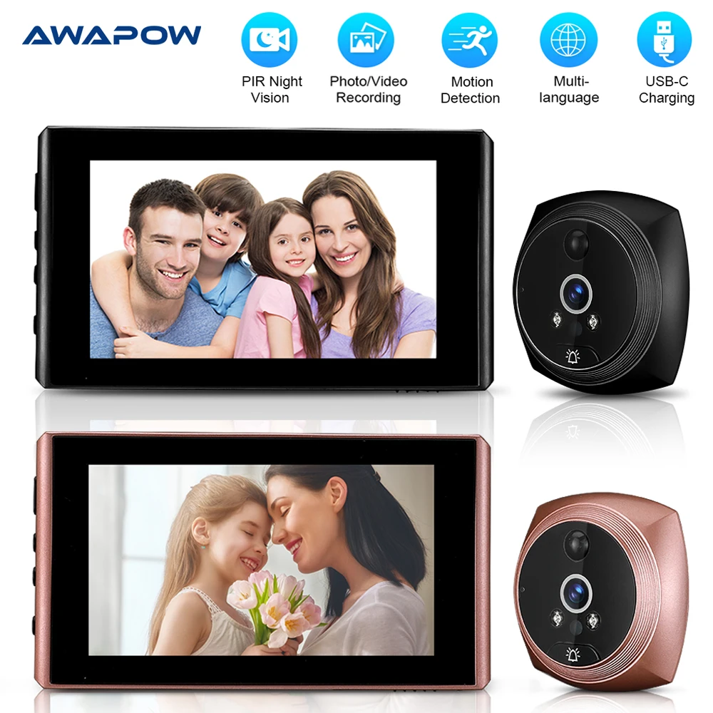 

Видеодомофон Awapow с датчиком движения, 4,3 дюйма, цифровой дверной звонок с пассивным ИК ночным видением, камера для умного дома, дверной звоно...