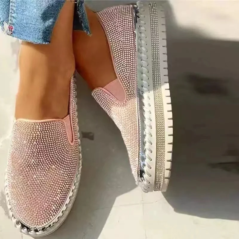 2022 Women's Flat Sparkling with Sneakers Casual Thick Bottom Net Platform Comfortable Loafers Plus Size Vulcanized Shoes Autumn