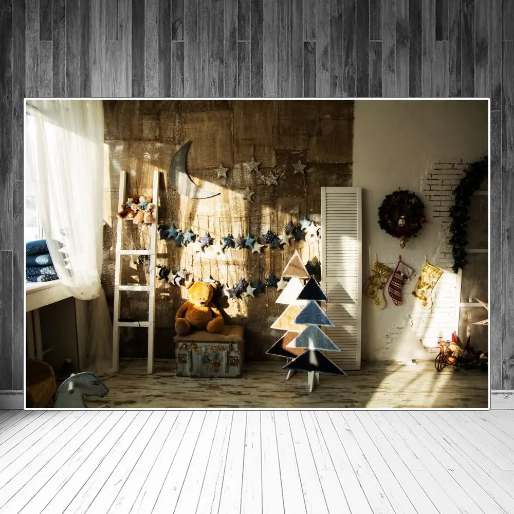 

Christmas Room Interior Moon Stars Wall Bear Box Tree Photography Backgrounds Custom Baby Party Decoration Photo Booth Backdrops