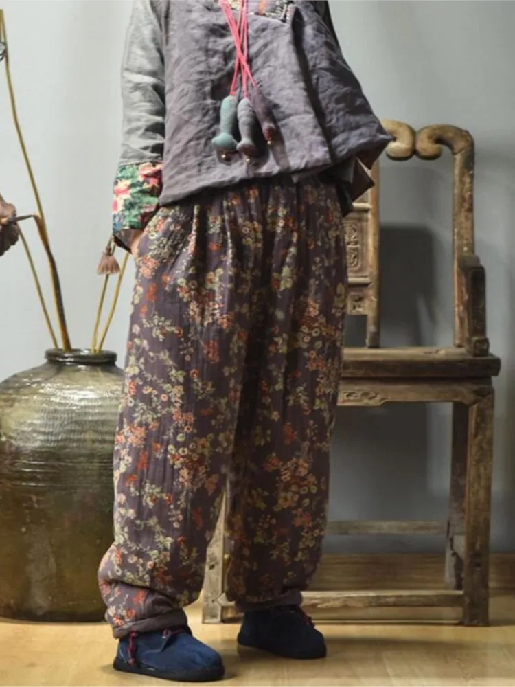 

Winter Women Warm Pants Print Cotton Padded Big Size Wide-Legged Pants Vintage Loose Thick Casual Pockets Women Thick Trousers
