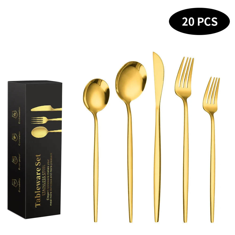 

20PCS Cutlery Sets Golden Spoons Forks Knives Cutlery SetStainless Steel Knife Fork Coffee Spoon Chopsticks Mirror Dinnerware