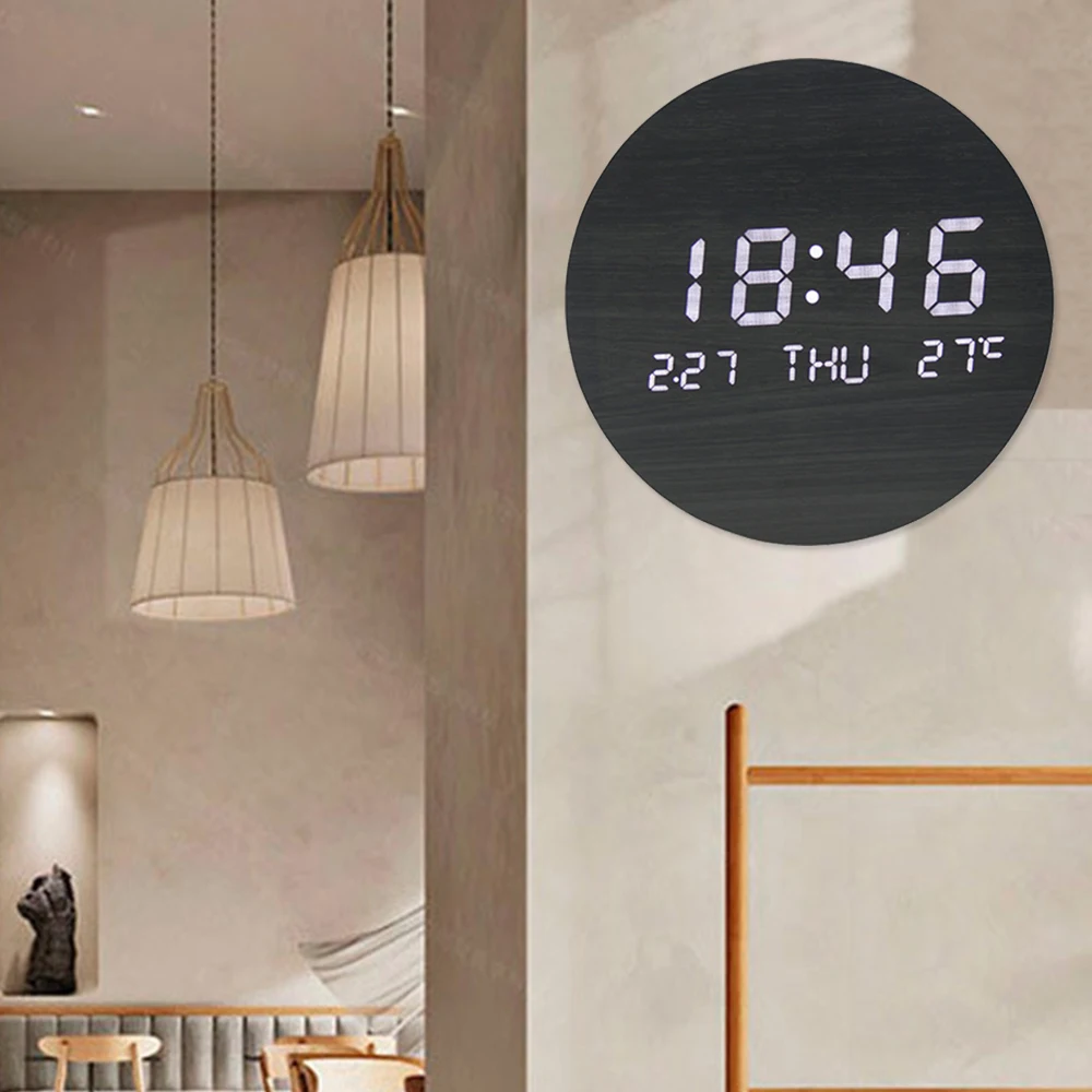 

LED Wall Clock Digital Wooden Clock Temperature Date Week Display Living Room Alarm Clock Bedroom Silent Wall Watch Decorations