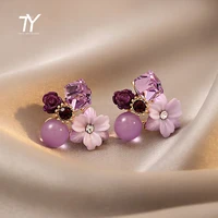 noble purple crystal flower stud earrings for woman 2021 korean fashion jewelry wedding party girls elegance set accessories
