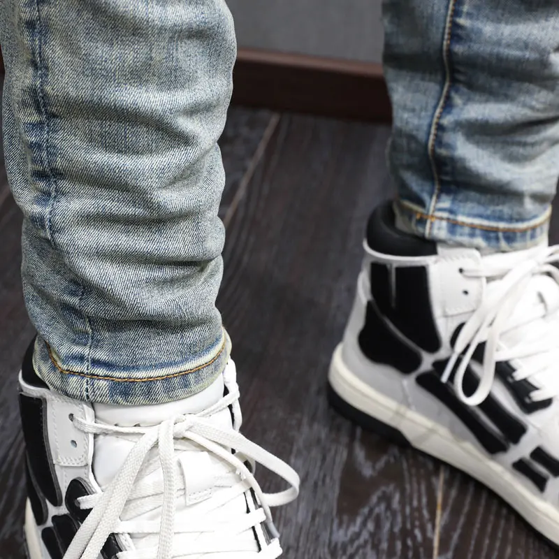 Уличные модные мужские джинсы в стиле ретро потертые синие Стрейчевые рваные