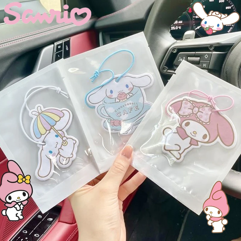 Sanrio Hello Kitty Car Air Freshener Cute Cinnamoroll Kuromi Natural Scented Tea Paper Car Pendant Vanilla Perfume Fragrance