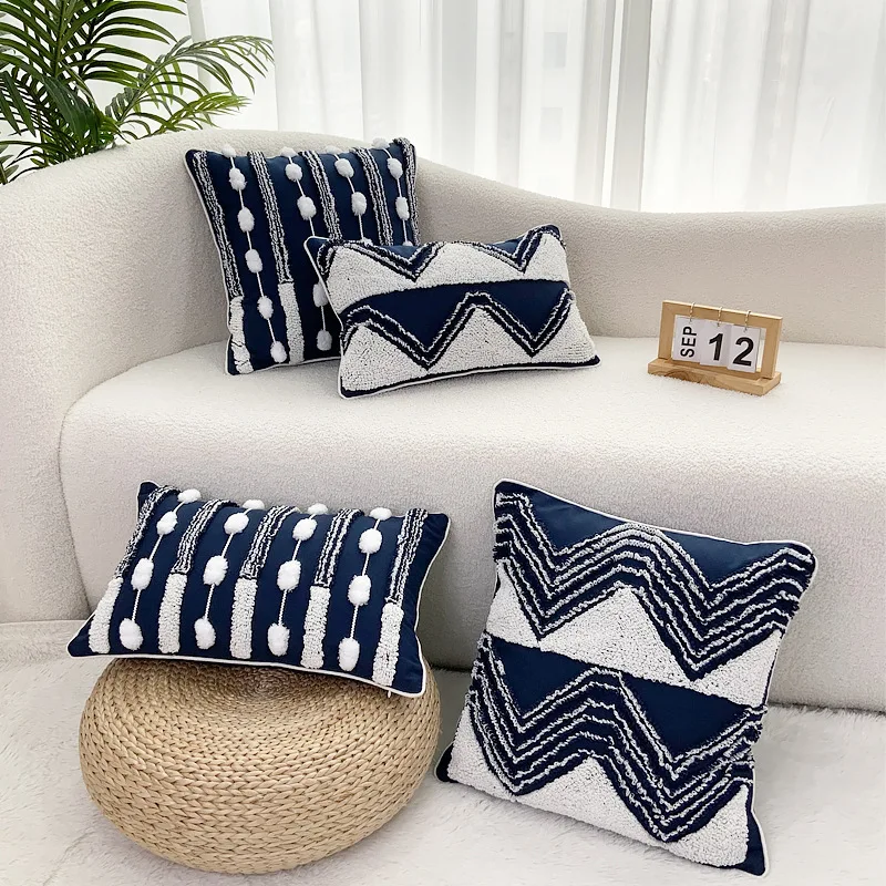 

Boho Geometric Tufted Cushion Cover Navy White Pom Pom Embroidered Pillow Covers Decorative Home Office Bedside Pillow Case