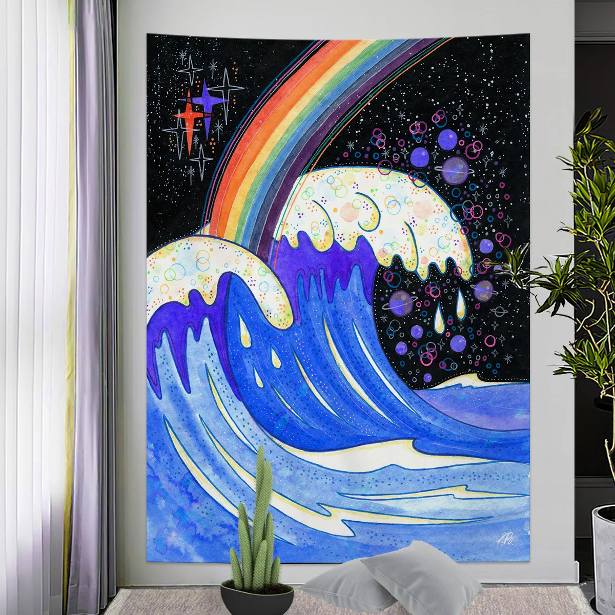 

Мультяшный волнистый Радужный гобелен, покрывало для кровати, подвесное эстетическое одеяло для декора комнаты, тканевое украшение для спа...