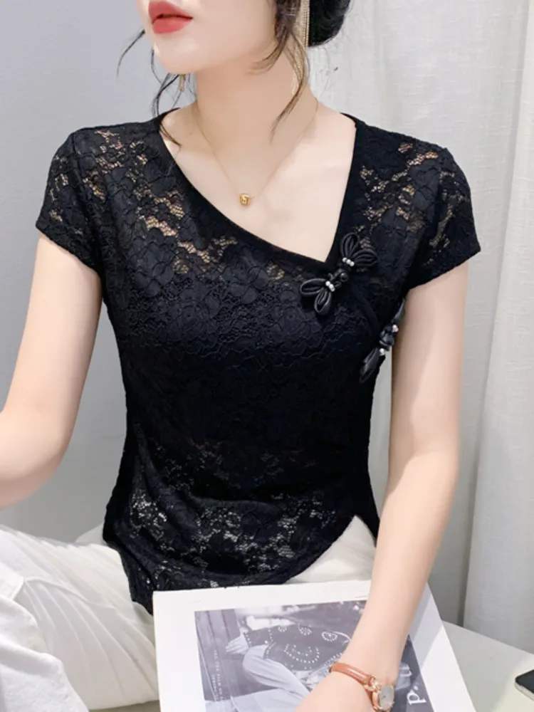 # 7244 Черная бежевая кружевная футболка цвета хаки женская с косым воротником