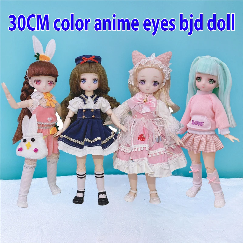 

30CM Bjd Doll Cute Color Anime Eyes 21 Movable Joints Makeup Naked Dolls and Fashion Casual Clothes Suit Dress Up Toys for Girls