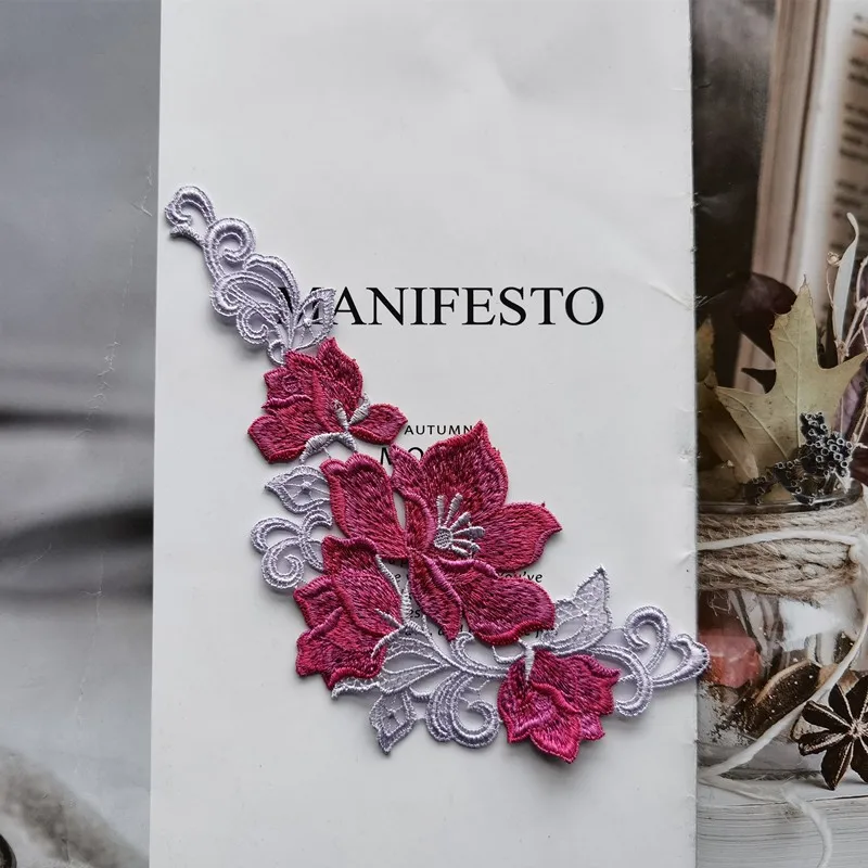 

2Pcs/Lot 9*20cm Gradient Hollow Sewing Rose Sliver Flower Motif Venise Lace Applique for Garment Embroidery Lace Patches